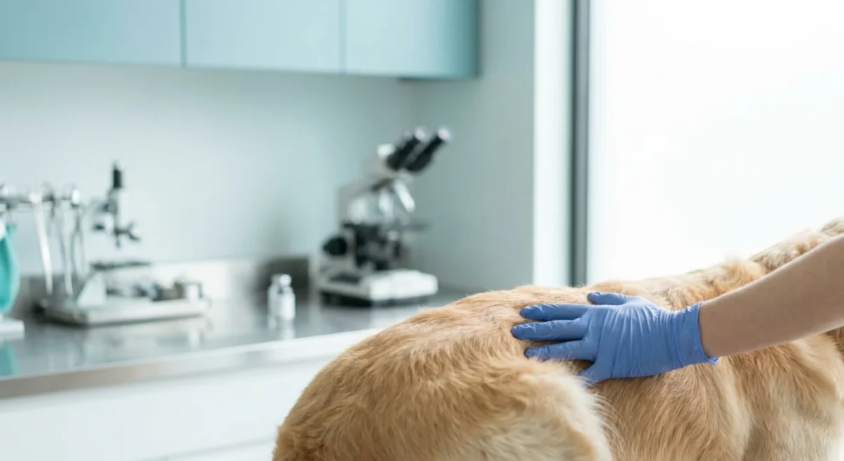 Medic veterinar mângâind un câine Golden Retriever într-o clinică modernă, simbolizând reproducerea asistată.
