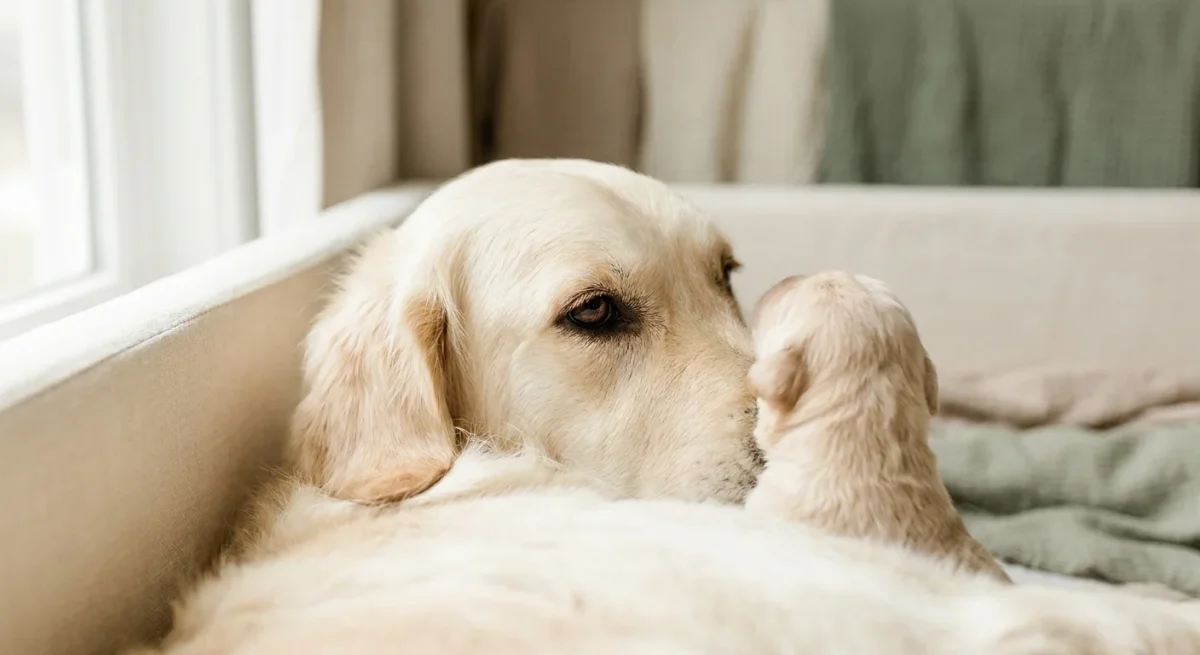 O cățelușă Golden Retriever își îngrijește puiul nou-născut într-un cuib special amenajat, lumină naturală caldă.