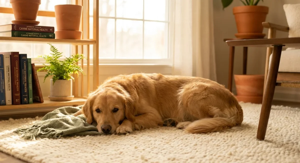 O femelă de Golden Retriever gestantă stând relaxată într-un decor luminos, sugerând sănătatea și bunăstarea în timpul sarcinii.