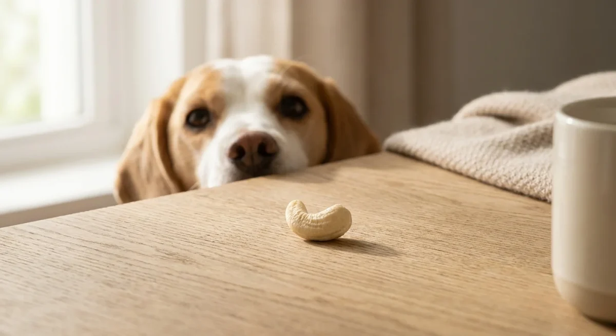 O nucă caju solitară pe o masă de lemn, cu un cățeluș Beagle curios în fundal, estompat.