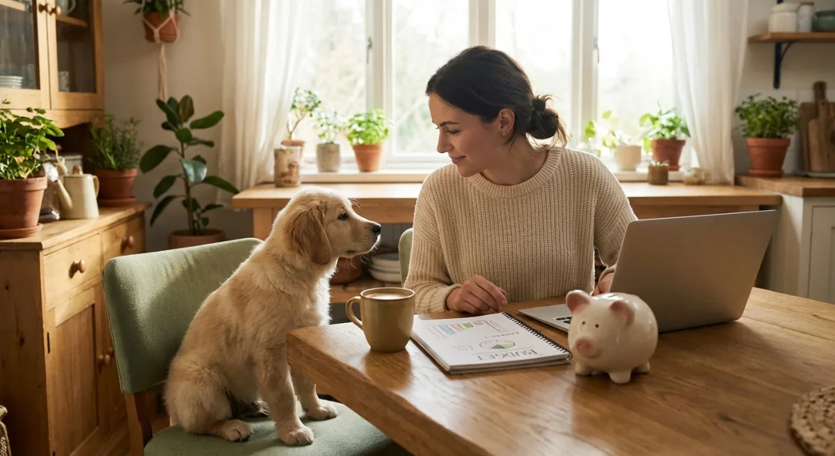 O persoană care planifică bugetul pe un laptop lângă un pui de Golden Retriever, sugerând responsabilitatea financiară.