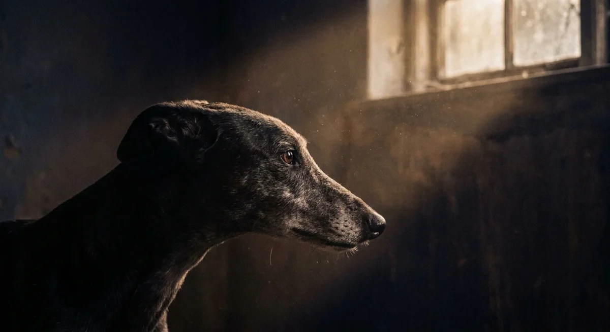 Portret cinematic al unui câine într-o cameră întunecată, privind spre o lumină caldă, sugerând intuiția spirituală.