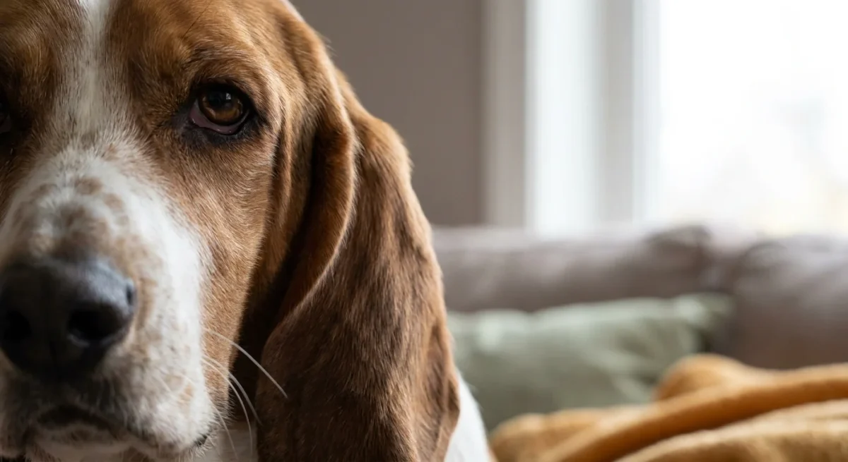 Portret de aproape al unui Basset Hound, evidențiind urechile lungi și expresia blândă.