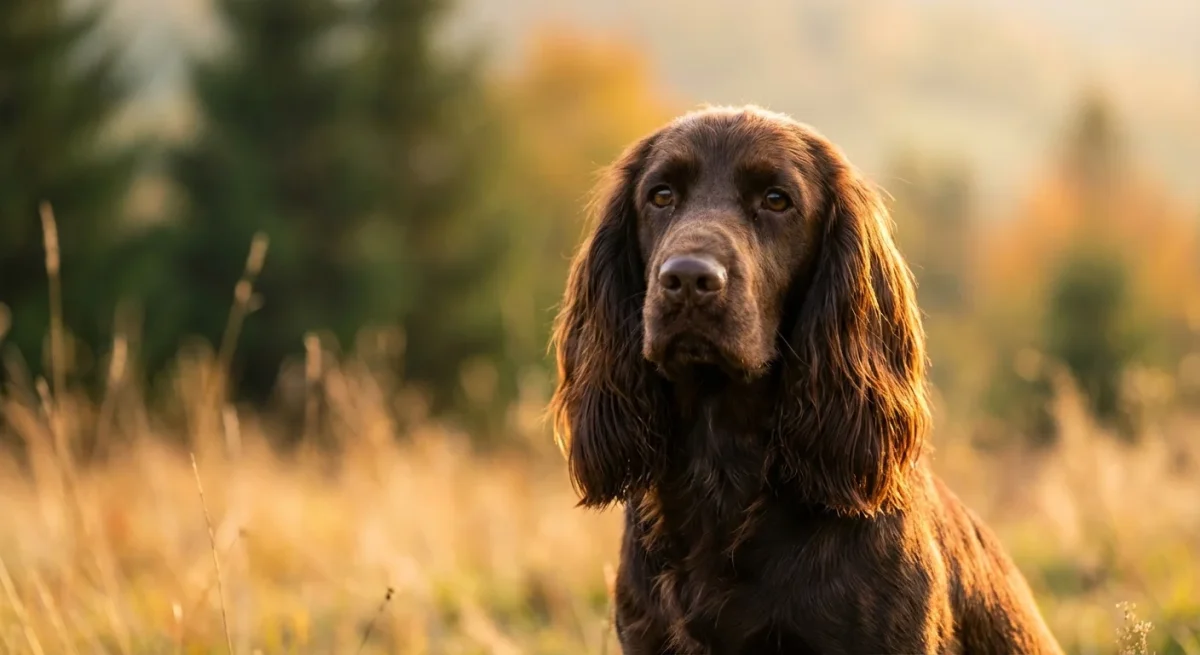 Portret de aproape al unui Field Spaniel cu blană maro lucioasă și ochi blânzi, stând în natură la apus.