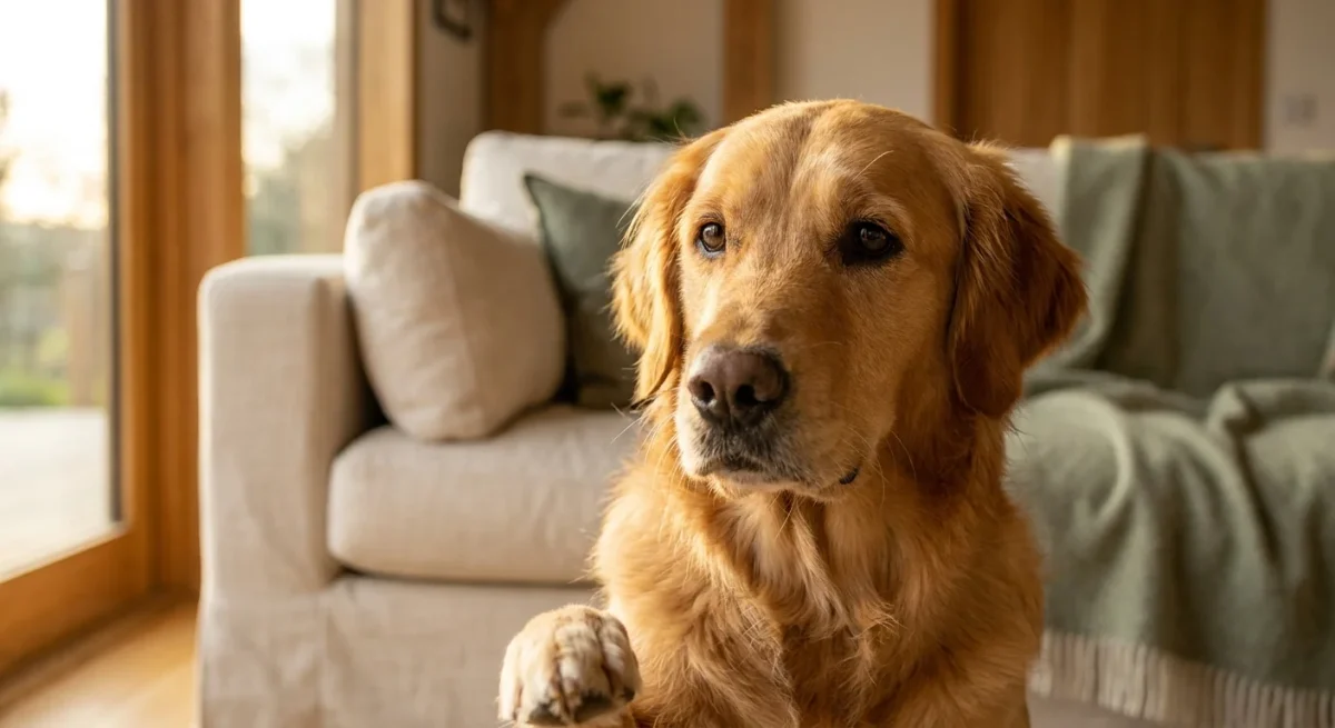 Portret de aproape al unui Golden Retriever cu o privire blândă, sugerând disconfortul cauzat de iritațiile pielii.