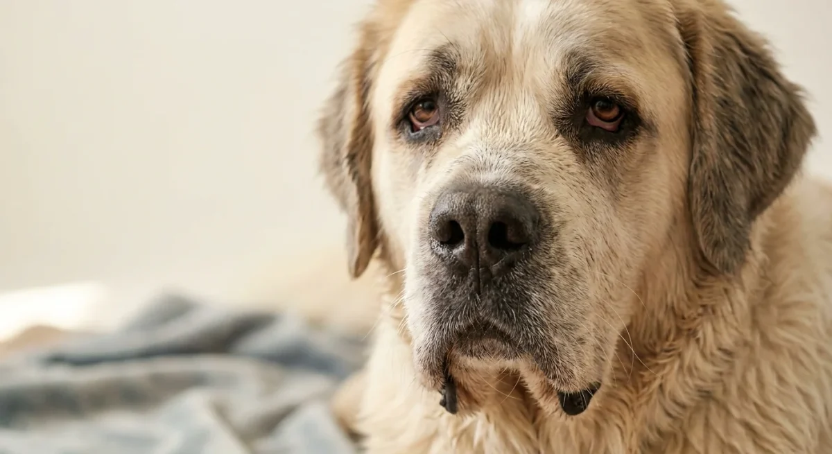 Portret de aproape al unui Saint Bernard, evidențiind caracteristicile botului și salivația naturală.