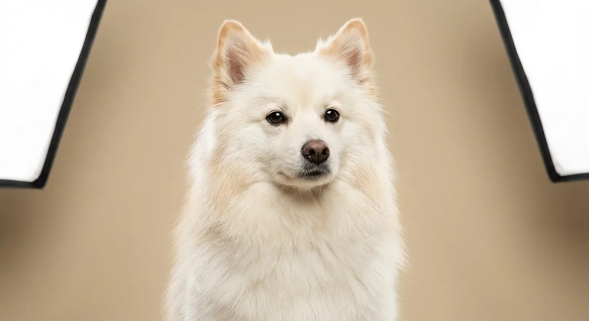 Portret de studio al unui câine American Eskimo cu blană albă pufoasă și ochi negri inteligenți.