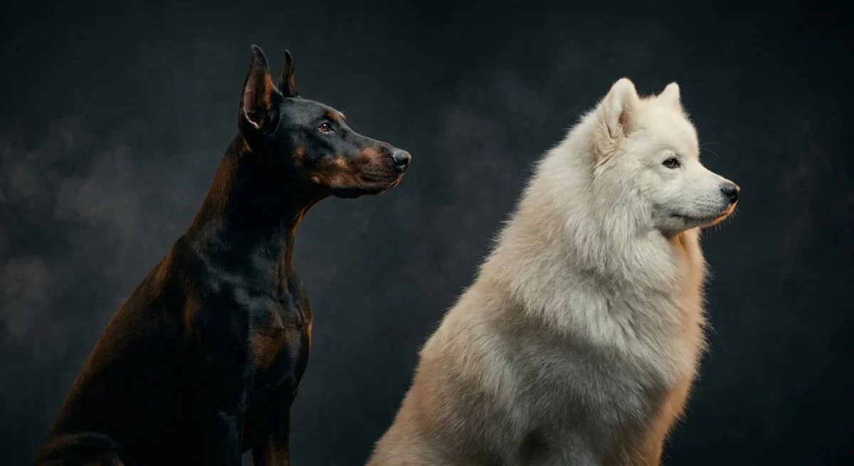 Portret de studio cu un Doberman și un Samoyed în profil, evidențiind diferențele de structură și tipicitate între rase.