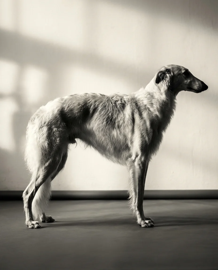 Profil lateral al unui ogar rusesc Borzoi, evidențiind linia abdominală ridicată și pieptul adânc.