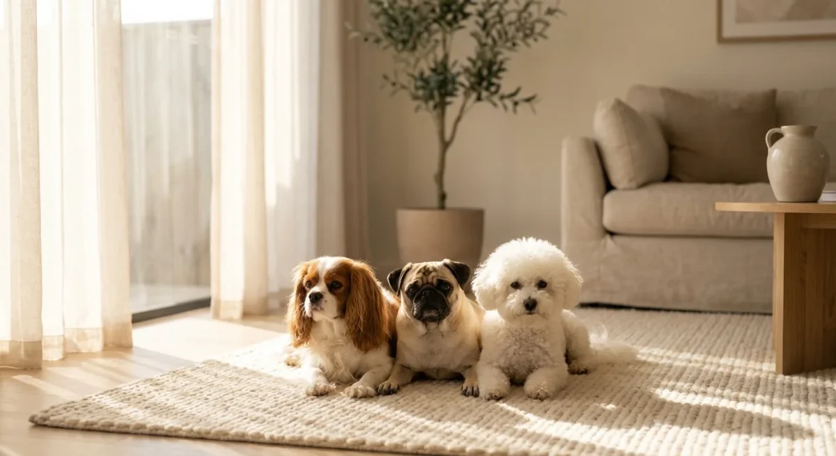 Trei câini de talie mică, un Cavalier, un Pug și un Bichon, stând pe un covor pufos într-o cameră luminoasă și primitoare.