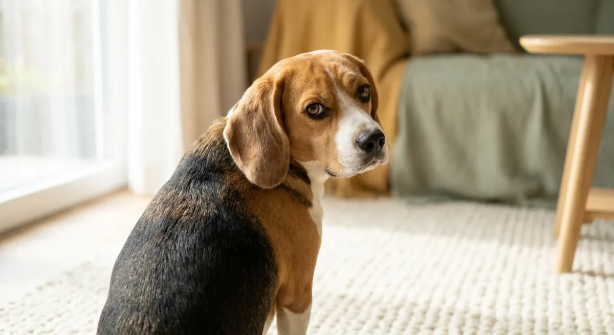Un Beagle așezat pe un covor se uită îngrijorat spre spate, sugerând un disconfort în zona cozii.