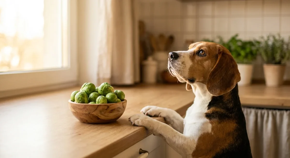 Un Beagle curios privește un bol cu varză de Bruxelles proaspătă pe un blat de lemn.