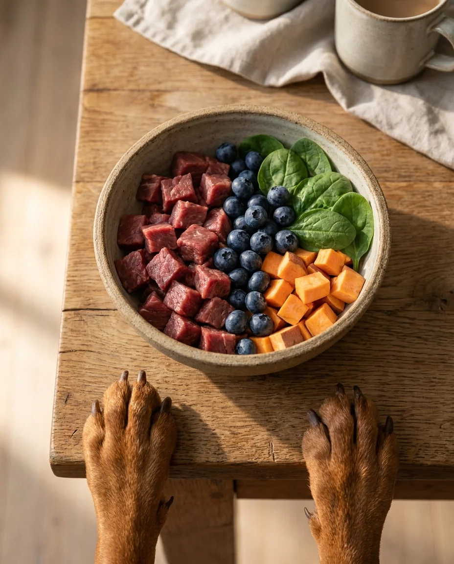 Un bol împărțit între carne crudă de vită și legume proaspete pe o masă de lemn, sugerând o dietă canină echilibrată.