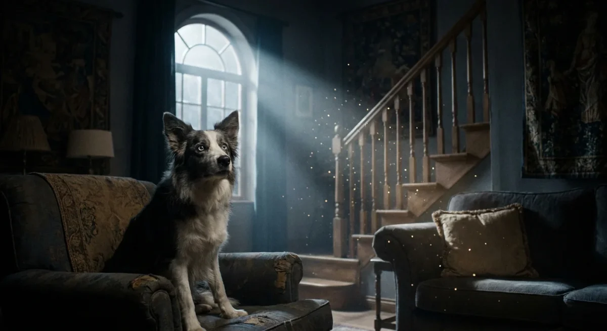 Un Border Collie privește atent spre o scară întunecată într-o casă luminată discret de lună.