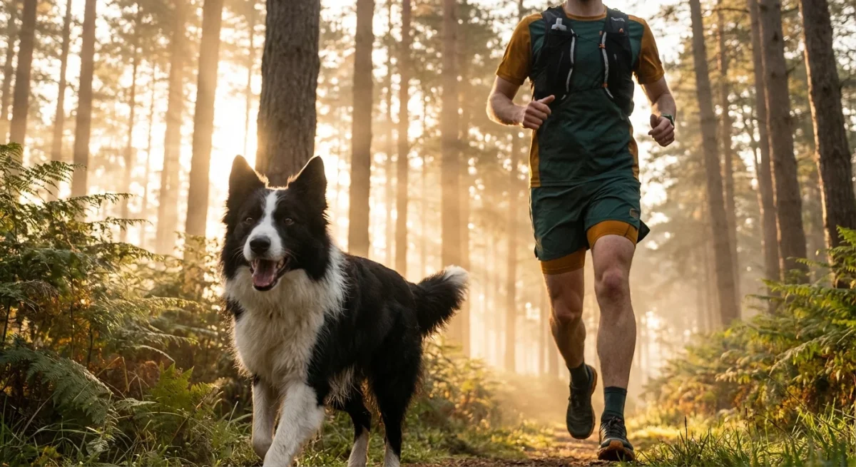 Un Border Collie și un alergător făcând jogging pe o potecă de pădure la răsărit, într-o lumină caldă de dimineață.