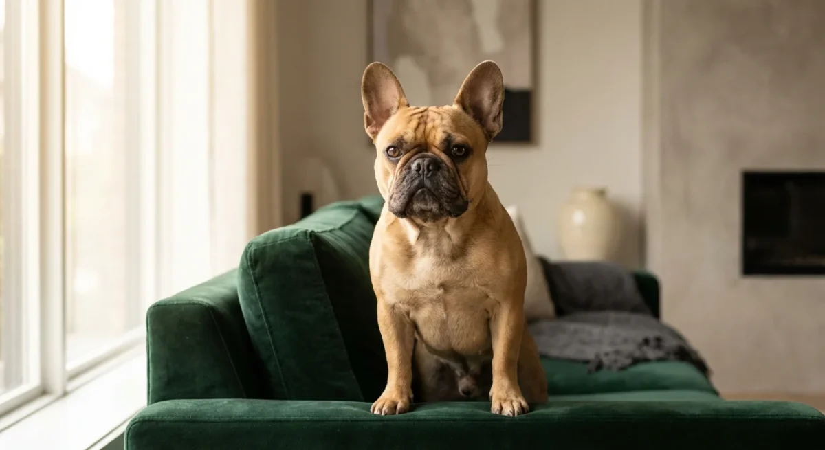 Un Bulldog Francez cafeniu stând pe o canapea de catifea verde, ilustrând personalitatea rasei.