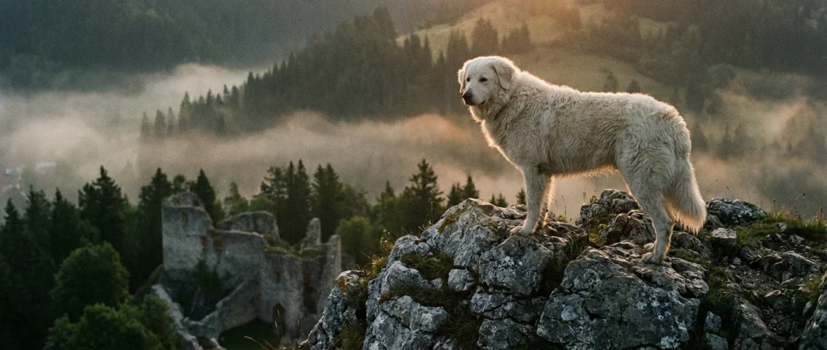 Un câine alb din rasa Kuvasz stând maiestuos pe o stâncă în munți, înconjurat de ceață și lumină matinală.
