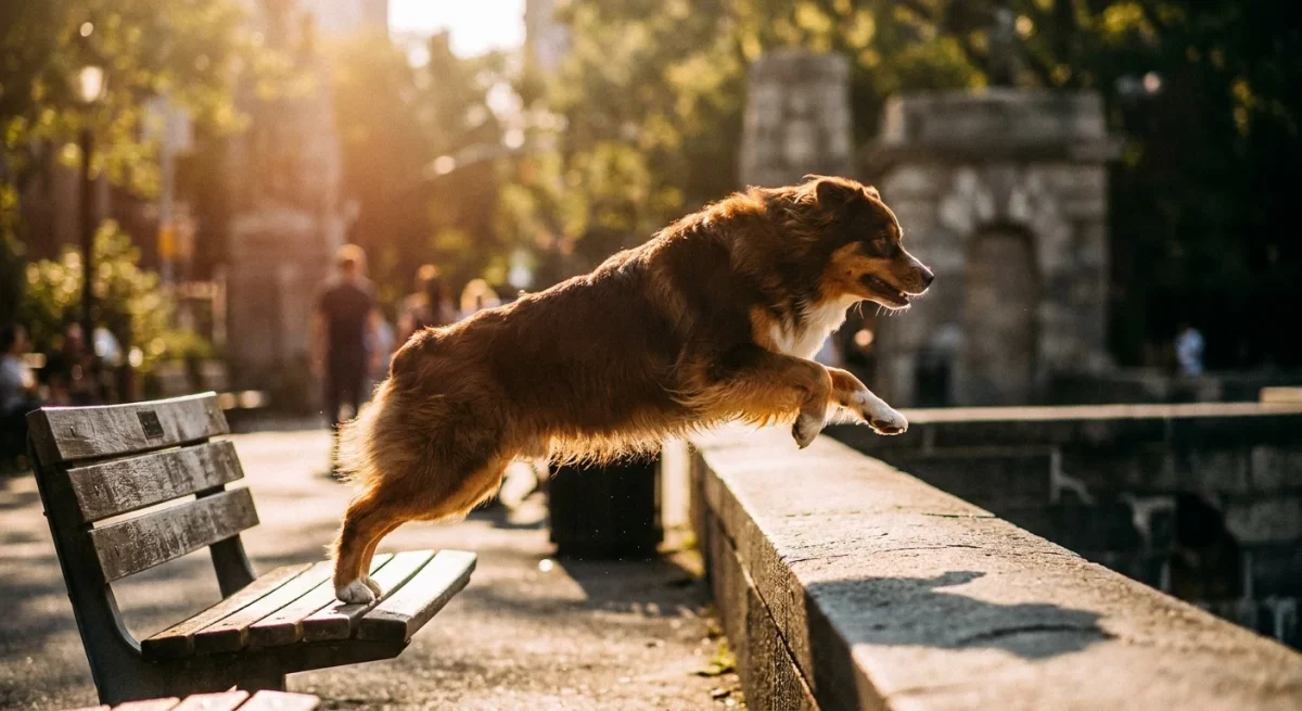 Un câine Australian Shepherd sărind peste o bancă de lemn într-un parc, surprins în plină mișcare de parkour.