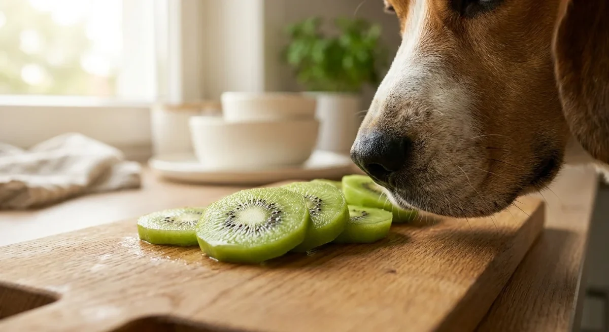 Un câine Beagle adulmecă felii proaspete și decojite de kiwi așezate pe un tocător de lemn.