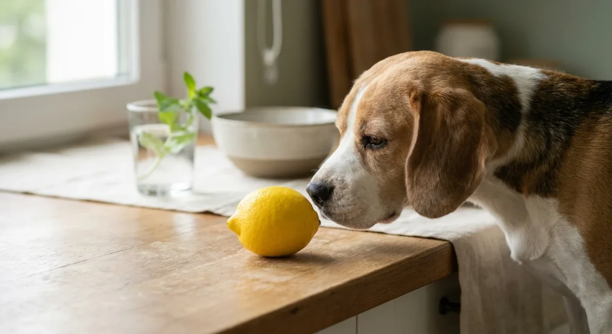 Un câine Beagle adulmecă o lămâie galbenă pe o masă de lemn, ilustrând curiozitatea față de citrice.