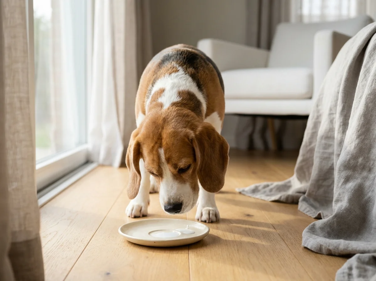 Un câine Beagle curios privește o farfurioară cu lapte pe o podea de lemn, ilustrând dilema consumului de lactate.