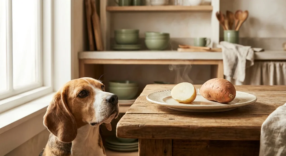 Un câine Beagle curios privește spre o farfurie cu o felie de cartof fiert și un cartof dulce întreg.