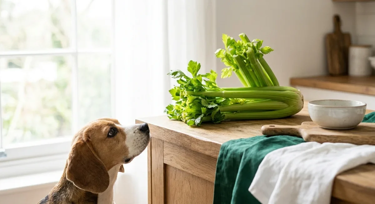 Un câine Beagle curios privește tulpini proaspete de țelină verde pe un blat de lemn.