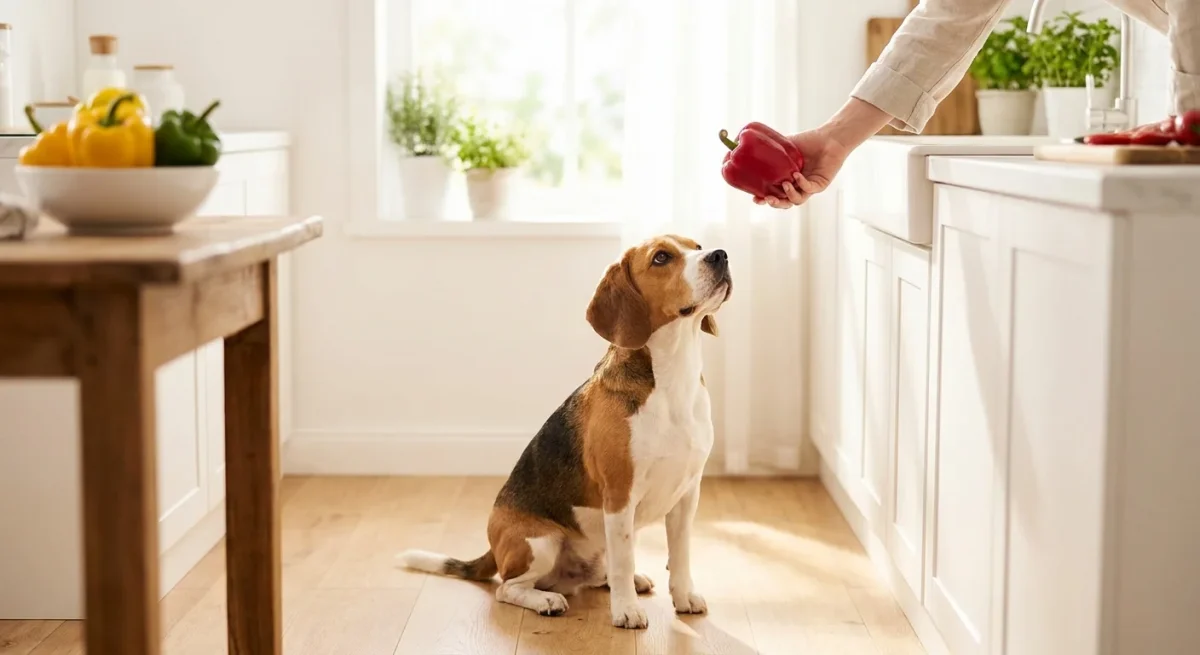 Un câine Beagle curios privește un ardei gras roșu proaspăt într-o bucătărie luminoasă.