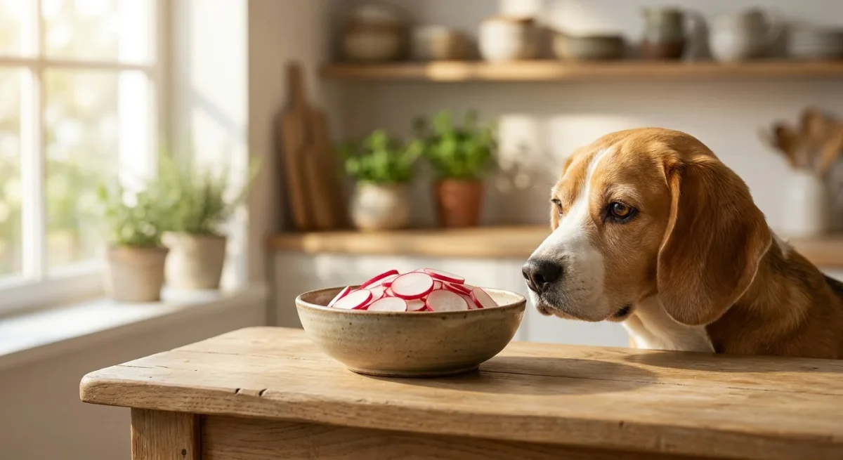 Un câine Beagle curios privește un bol cu felii proaspete de ridichi pe o masă de lemn.