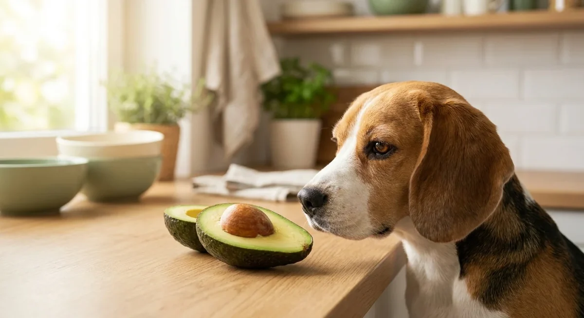 Un câine Beagle curios privește un fruct de avocado tăiat în jumătate pe un blat de lemn.