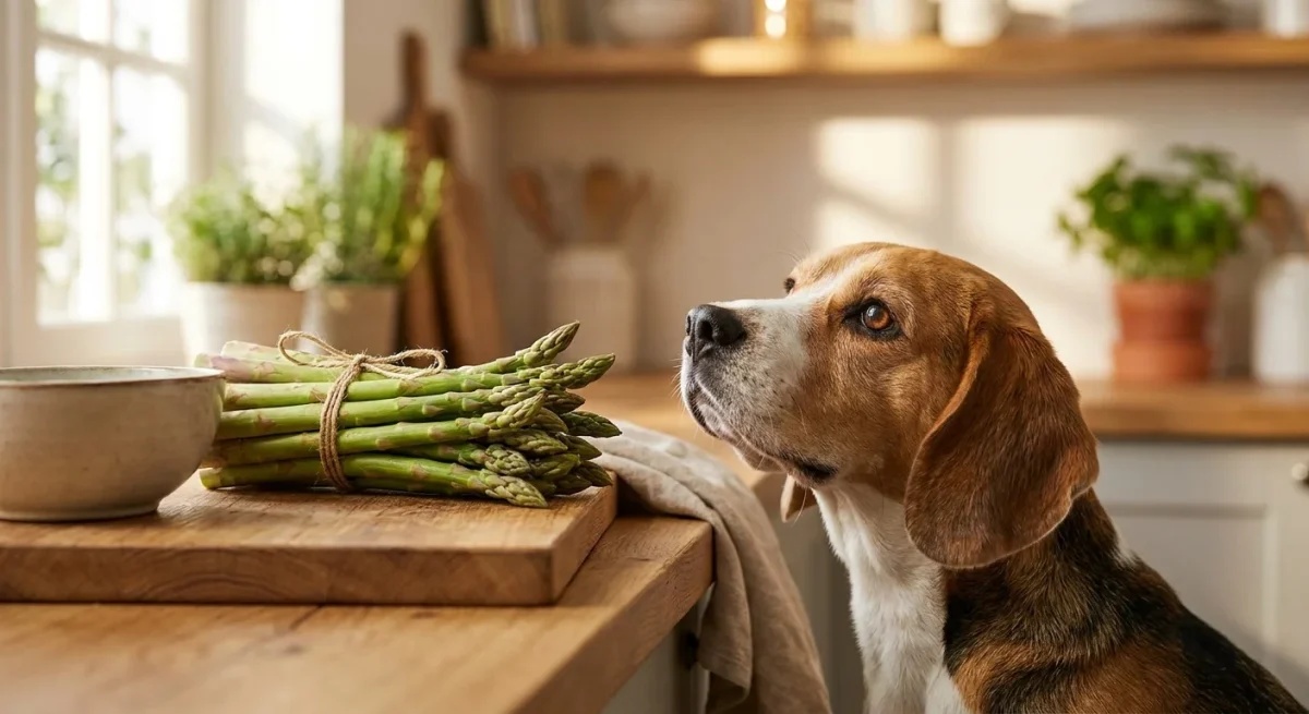 Un câine Beagle curios privește un mănunchi de sparanghel proaspăt pe un blat de lemn.