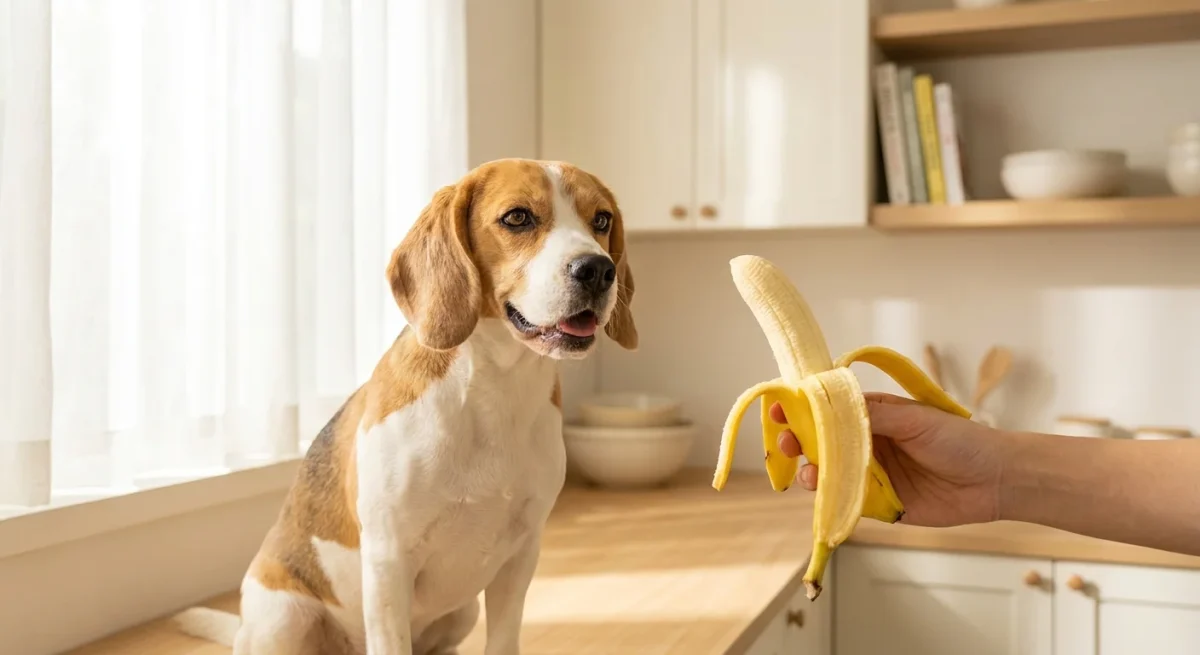 Un câine Beagle pofticios privește o banană proaspătă, ilustrând o gustare sănătoasă pentru animale.