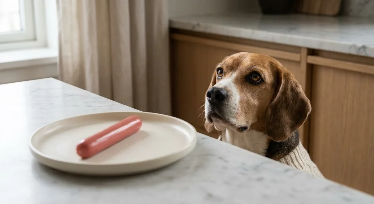 Un câine Beagle privește cu poftă spre un crenvurst lăsat pe marginea unei mese de bucătărie.