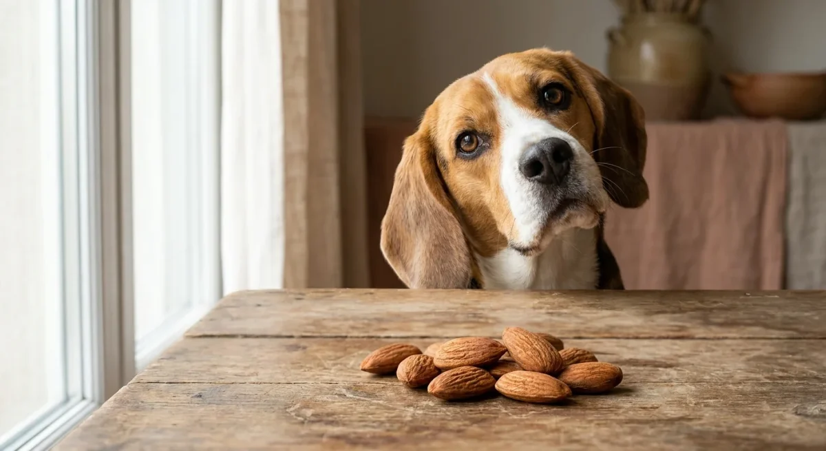 Un câine Beagle privește curios câteva migdale împrăștiate pe o masă de lemn.
