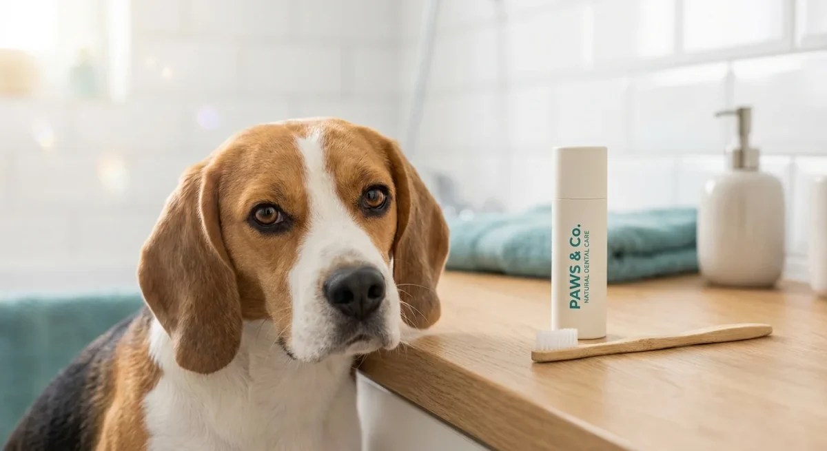 Un câine Beagle stă lângă o periuță și o pastă de dinți specială, sugerând o rutină de îngrijire dentară sănătoasă.