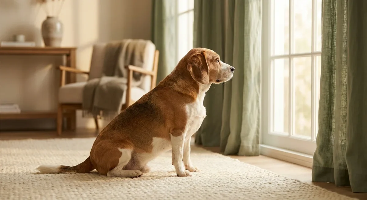 Un câine Beagle supraponderal privind pe fereastră într-o cameră luminată, sugerând problemele de greutate canină.