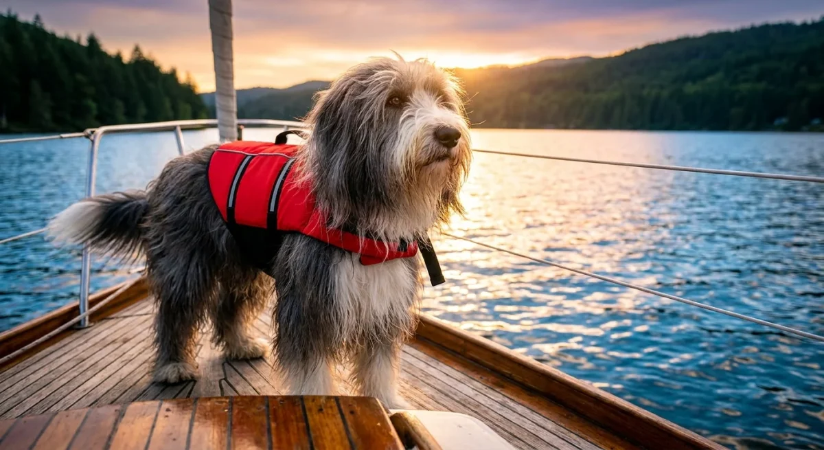 Un câine Bearded Collie cu vestă de salvare pe o barcă cu pânze, simbolizând aventura și noile activități canine.