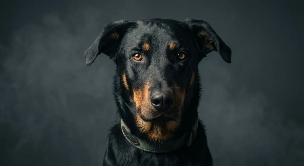Un câine Beauceron impunător într-un portret de studio, reprezentând rasele rare de câini.