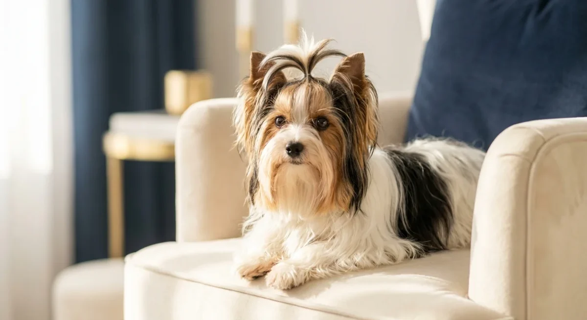Un câine Biewer Terrier cu blană lungă tricoloră stând pe un fotoliu elegant din catifea.