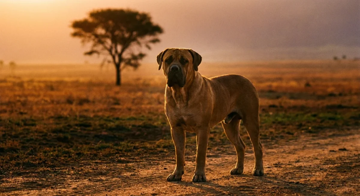 Un câine Boerboel impunător stând pe o câmpie africană la apus, simbolizând forța și originile rasei.