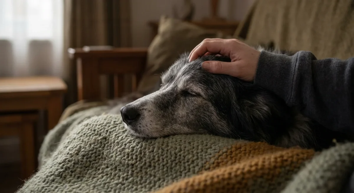 Un câine Border Collie bătrân odihnindu-și capul pe o pătură moale, mângâiat cu blândețe de o mână, într-o lumină caldă de dimineață.