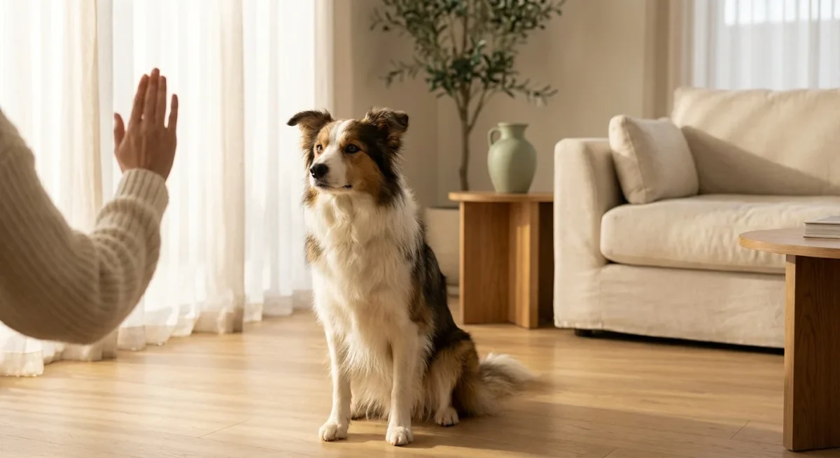 Un câine Border Collie concentrat stând nemișcat la comanda stăpânului într-o cameră luminoasă.