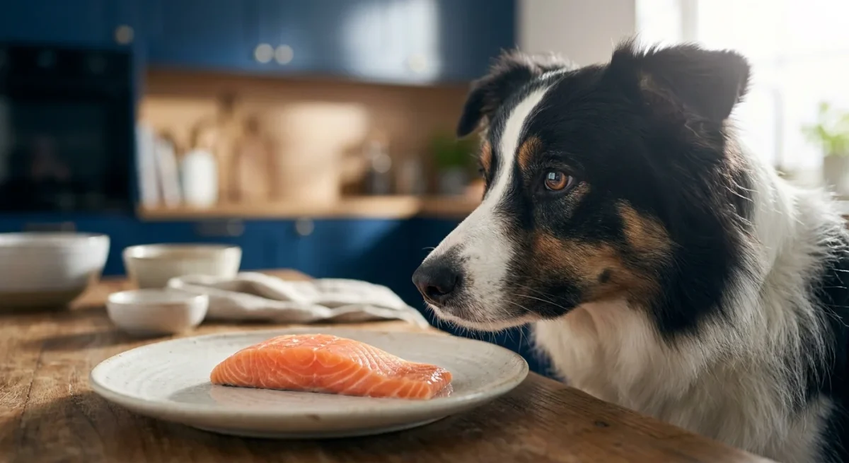 Un câine Border Collie inteligent privește o bucată de somon proaspăt, ilustrând conceptul de hrană pentru creier.