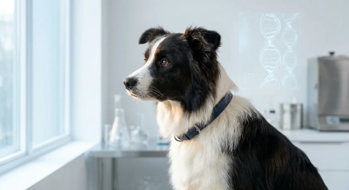 Un câine Border Collie într-un decor modern de laborator, simbolizând avansul testării genetice canine.