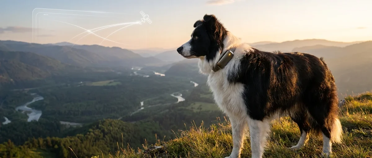 Un câine Border Collie pe un deal la apus, purtând un dispozitiv GPS modern la zgardă.