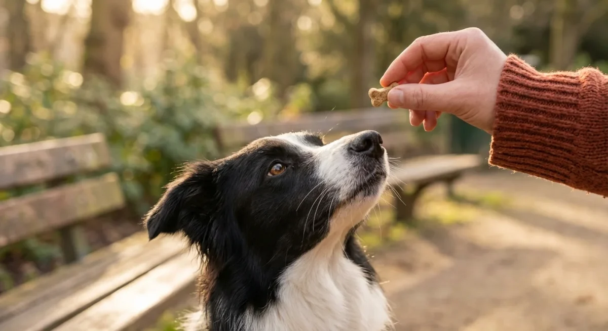 Un câine Border Collie privește atent spre o recompensă oferită de stăpân într-un parc.