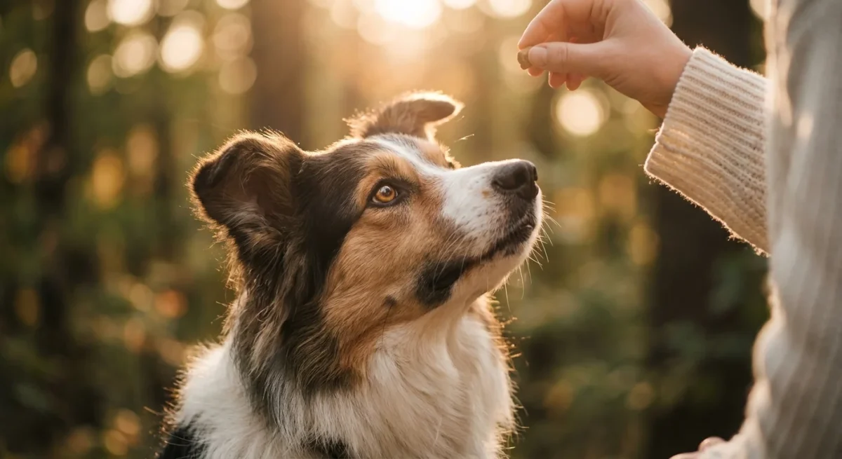 Un câine Border Collie privește cu atenție și bucurie spre stăpânul său în timpul unei sesiuni de dresaj în aer liber.