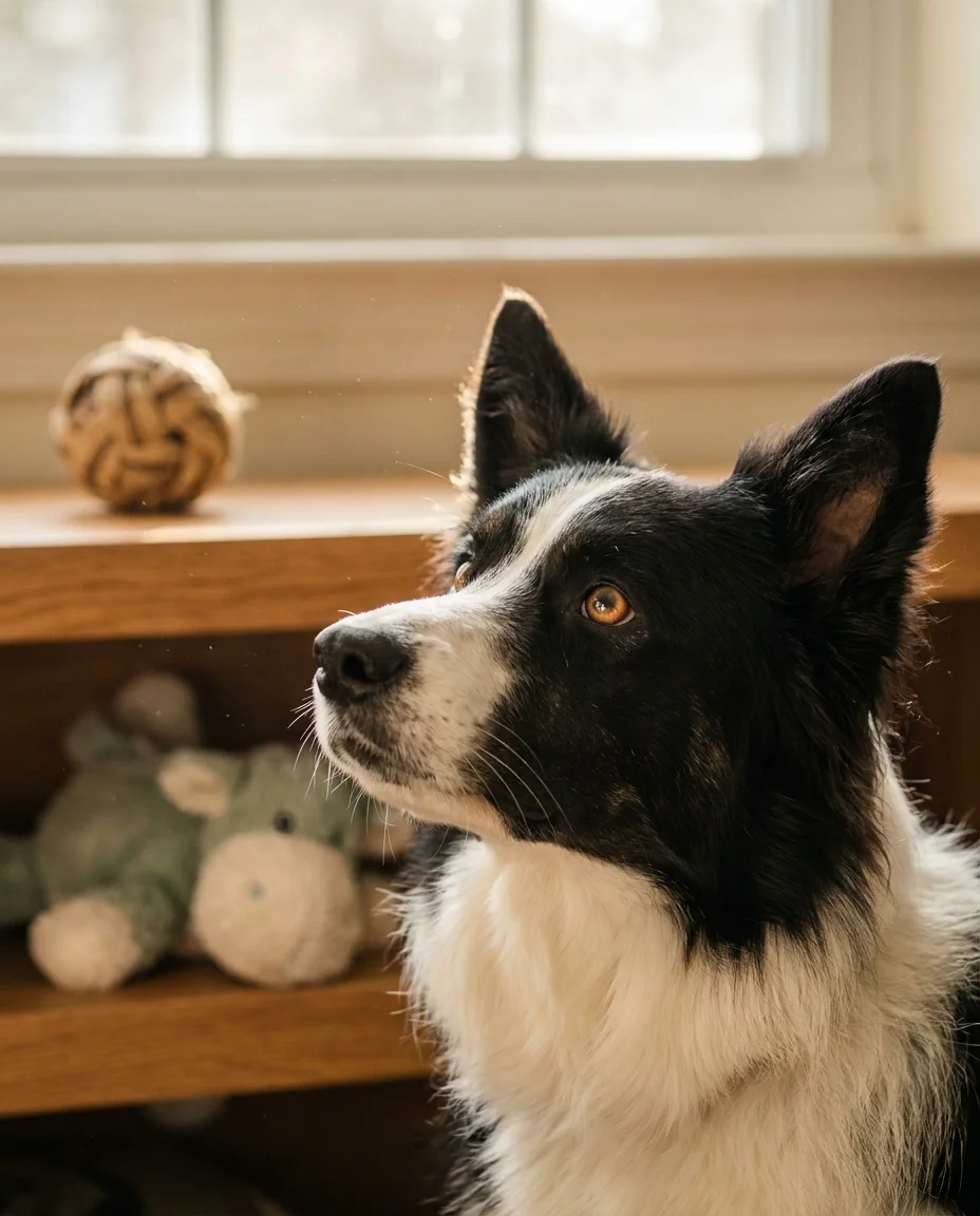 Un câine Border Collie privind cu atenție și curiozitate, sugerând procesarea limbajului și inteligența canină.