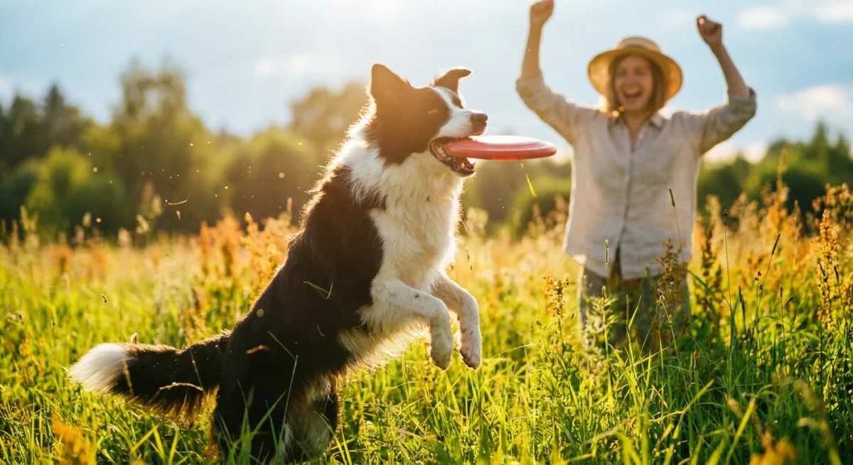 Un câine Border Collie sărind să prindă un frisbee într-o pajiște verde sub lumina caldă a apusului.