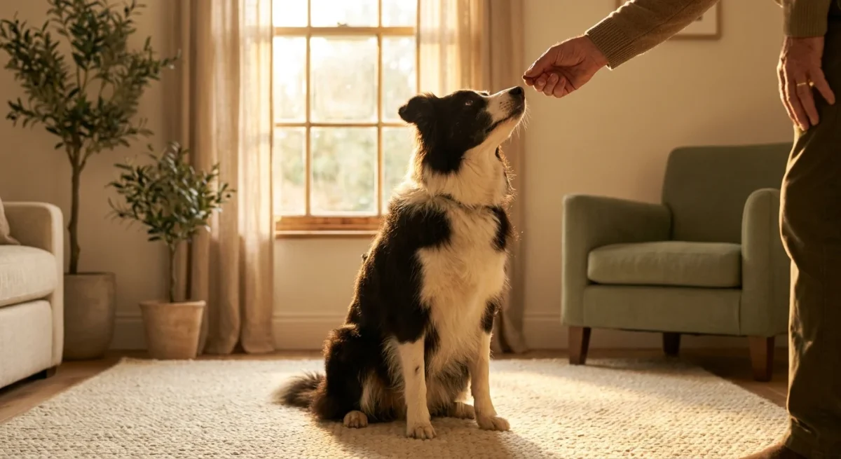 Un câine Border Collie stă așezat și privește atent spre stăpânul său în timpul unei sesiuni de dresaj într-un decor luminos.